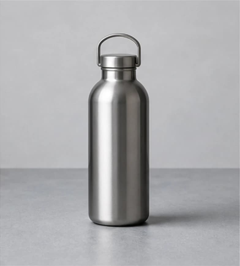 Brushed steel field bottle on a cool gray studio surface