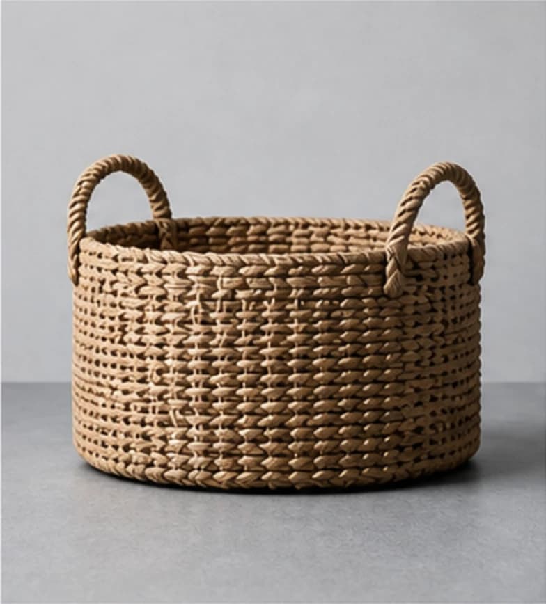 Natural handwoven market basket on a cool gray studio surface