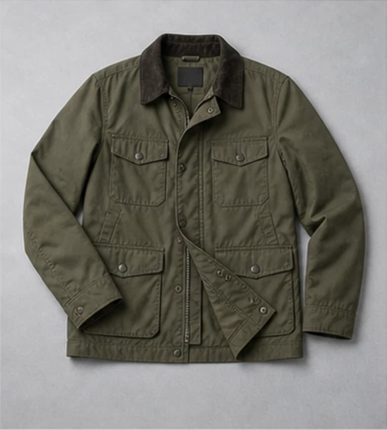 Olive waxed utility jacket laid flat on a cool gray studio surface